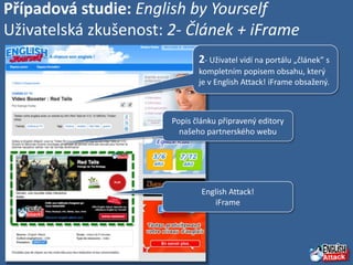 Případová studie: English by Yourself
Uživatelská zkušenost: 2- Článek + iFrame
                              2- Uživatel vidí na portálu „článek” s
                              kompletním popisem obsahu, který
                              je v English Attack! iFrame obsažený.



                       Popis článku připravený editory
                         našeho partnerského webu




                               English Attack!
                                  iFrame
 