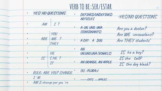VERB TO BE;SER/ESTAR
• YES/ NO QUESTIONS.
• AM I ?
• YOU
• ARE WE ?
• THEY
• HE
• IS S HE ?
• IT
• RULE: ARE YOU? CHANGE
I `M
• AM Ii change por you `re
• DEFINED/UNDEFINED
ARTICLES
• A: UN, UNO, UNA.
(CONSONANTS)
• A CAT- A DOG
• AN:
UN,UNO,UNA.(VOWELS)
• AN ORANGE, AN APPLE
• (X) : PLURALS
• ------CATS. .....APPLES
•YES/NO QUESTIONS
Are you a doctor?
Are WE venezuelans?
Are THEY students’
IS he a boy?
IS she tallP
IS the dog black?
11
 
