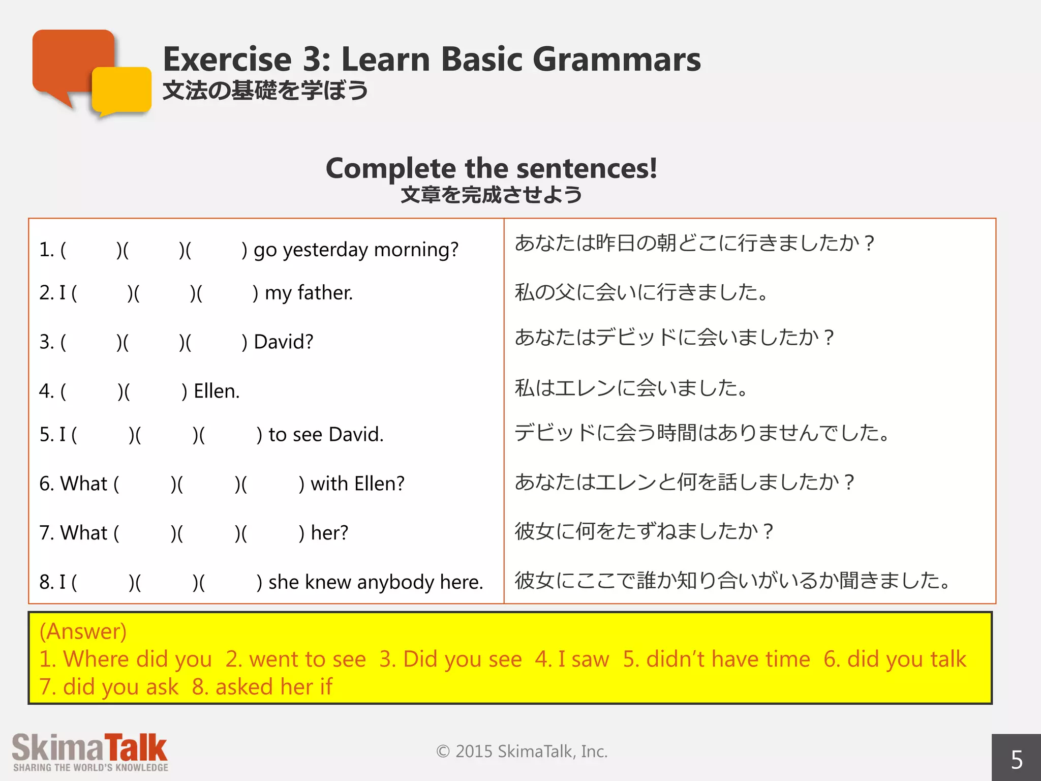 Exercise 3: Learn Basic Grammar
⽂文法の基礎を学ぼう
5© 2015 SkimaTalk, Inc.
Complete the sentences!
⽂文章を完成させよう 　
1. ( )( )( ) go yesterday morning? あなたは昨⽇日の朝どこに⾏行行きましたか？
2. I ( )( )( ) my father. 私の⽗父に会いに⾏行行きました。
3. ( )( )( ) David? あなたはデビッドに会いましたか？
4. ( 　  　)( 　  　) Ellen. 私はエレンに会いました。
5. I ( 　     　)( 　     　)( 　     　) to see David. デビッドに会う時間はありませんでした。
6. What ( 　     　)( 　     　)( 　     　) with Ellen? あなたはエレンと何を話しましたか？
7. What ( 　     　)( 　     　)( 　     　) her? 彼⼥女女に何をたずねましたか？
8. I ( 　     　)( 　     　)( 　     　) she knew anybody
here.
彼⼥女女にここで誰か知り合いがいるか聞きました。
Answer:
1. Where did you 2. went to see 3. Did you see 4. I saw 5. didn’t have time
6. did you talk 7. did you ask 8. asked her if
 
