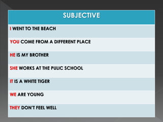 SUBJECTIVE 
I WENT TO THE BEACH 
YOU COME FROM A DIFFERENT PLACE 
HE IS MY BROTHER 
SHE WORKS AT THE PULIC SCHOOL 
IT IS A WHITE TIGER 
WE ARE YOUNG 
THEY DON’T FEEL WELL 
 