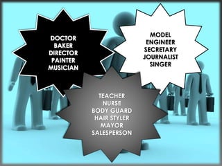 MODEL 
ENGINEER 
SECRETARY 
JOURNALIST 
SINGER 
TEACHER 
NURSE 
BODY GUARD 
HAIR STYLER 
MAYOR 
SALESPERSON 
 