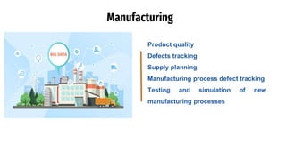 Manufacturing
Product quality
Defects tracking
Supply planning
Manufacturing process defect tracking
Testing and simulation of new
manufacturing processes
 