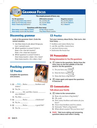 Postca
Discovering grammar
Look at the grammar chart. Circle the
correct answers.
1. Use How many to ask about things you
(can / cannot) count.
2. Which question is correct? Circle it.
Does + he + has ten cousins?
Does + he + have ten cousins?
3. Which question is correct? Circle it.
How many cousins + does + he + have?
How many cousins + he + does + has?
Practicing grammar
12 Practice
Complete the questions
and answers.
1. Q: Does Rufus brothers and
sisters?
A: Yes, he .
2. Q: Mr. and Mrs. Garcia
any children?
A: No, they .
3. Q: Rufus a bedroom?
A: No, he .
4. Q: Rufus a good life?
A: Yes, he .
13 Practice
Test your memory about Rufus. Take turns. Ask
how many . . .
• brothers and sisters Rufus has
• cats Mr. and Mrs. Garcia have
• cats have brown eyes
• bedrooms the house has
14 Pronunciation
Rising intonation in Yes/No questions
A. 57 Listen to the questions. Notice how the
voice rises on the last syllable of the last
word in Yes/No questions.
1. Do you have any cousins?
2. Does he have a girlfriend?
3. Does she have a big family?
B. 58 Listen again and repeat the questions
in Exercise A.
15 Communication
Talk about your family
A. 59 Listen to the conversation.
A: Rose, do you have a big family?
B: Oh, yeah.
A: How many brothers and sisters do you
have?
B: I have four brothers and ﬁve sisters.
A: Seriously? That’s a big family!
B: What about cousins? Do you have any?
B. PAIRS. Take turns asking and answering
questions about each other’s family.
GRAMMAR FOCUS
The simple present of have; any
Yes/No questions Afﬁrmative answers Negative answers
Do you/they have any sisters? Yes, we/they do. No, we/they don’t.
Does he/she have any sisters? Yes, he/she does. No, he/she doesn’t.
Does it have any bedrooms? Yes, it does. No, it doesn’t.
Questions with How many
How many cousins does he have? He has eleven cousins.
How many cousins do they have? They have ﬁfteen cousins.
46 Unit 5
042-051_SB1A_U05_14106.indd 46 1/17/07 5:36:31 PM
 