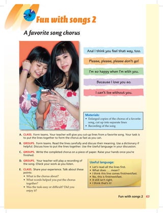 Fun with songs 2 63
I can’t live without you.
Please, please, please don’t go!
And I think you feel that way, too.
Because I love you so.
I’m so happy when I’m with you.
Fun with songs 2
A favorite song chorus
A. CLASS. Form teams. Your teacher will give you cut-up lines from a favorite song. Your task is
to put the lines together to form the chorus as fast as you can.
B. GROUPS. Form teams. Read the lines carefully and discuss their meaning. Use a dictionary if
helpful. Discuss how to put the lines together. Use the Useful language in your discussion.
C. GROUPS. Write the completed chorus on a piece of paper. Raise your hands once you’re
ﬁnished.
D. GROUPS. Your teacher will play a recording of
the song. Check your work as you listen.
E. CLASS. Share your experience. Talk about these
points:
• What is the chorus about?
• What words helped you put the chorus
together?
• Was the task easy or difﬁcult? Did you
enjoy it?
Materials:
• Enlarged copies of the chorus of a favorite
song, cut up into separate lines
• Recording of the song
Useful language:
• Let’s read all the lines ﬁrst.
• What does . . . mean?
• I think this line comes ﬁrst/next/last.
• No, this is ﬁrst/next/last.
• It still isn’t right.
• I think that’s it!
062-063_SB1A_BM_FWS_14106.indd 63 1/17/07 5:43:19 PM9:23 AM
 
