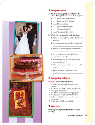 Focus on culture 2 67
D
E
F
1 Comprehension
A. What does each photo show? Write the
letter of the photo next to each description.
B. Write short answers for each question.
1. What do kids in Japan eat for the “3-5-7
Festival”?
2. At what age do Japanese become adults?
3. How do kids break piñatas in Mexico?
4. At what age do Mexican girls have
expensive parties?
5. When do people in Vietnam celebrate
their birthdays?
6. What do people in Vietnam wear on that
day?
7. What do young people get in red
envelopes?
2 Comparing cultures
GROUPS. Discuss these questions.
1. What do you do on birthdays in your
country?
2. What does the birthday boy or girl wear?
3. Who gives presents?
4. What kind of presents do people give?
5. What else do people do on birthdays?
6. Do boys and girls have a special party at a
certain age?
7. When do people become adults?
3 Your turn
Write a paragraph about birthdays in your
country.
1. E Japan: cake and presents
2. Japan: the 3-5-7 Festival
3. Mexico: piñata
4. Mexico: Quinceañeras
5. Vietnam: ﬁreworks
6. Vietnam: red envelope
9:24 AM
 