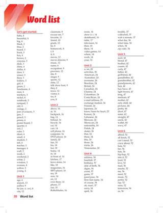 Postca
Let’s get started.
baby, 4
beautiful, 4
big, 4
black, 2
blue, 2
board, 3
book, 3
boy, 4
brown, 2
crayons, 3
desk, 3
dime, 4
dollar, 4
door, 3
eraser, 3
ﬂoor, 3
folders, 3
girl, 4
green, 2
handsome, 4
man, 4
markers, 3
nickel, 4
notebook, 3
notepad, 3
old, 4
orange, 2
pair of scissors, 3
pen, 3
pencil, 3
penny, 4
poster board, 3
quarter, 4
red, 2
ruler, 3
short, 4
small, 4
student, 3
tall, 4
teacher, 3
teenager, 4
wall, 3
week, 2
weekend, 2
white, 2
window, 3
woman, 4
yellow, 2
young, 4
Unit 1
age, 6
airport, 13
author, 9
be (am, is, are), 8
city, 12
classmate, 8
excuse me, 7
favorite, 11
friend, 10
grade, 12
he, 8
homework, 8
I, 8
it, 8
movie, 12
movie director, 9
music, 12
name, 6
occupation, 9
province, 12
she, 8
singer, 9
sports, 12
state, 12
talk show host, 9
they, 8
town, 12
visitor, 6
we, 8
you, 8
Unit 2
above, 16
at, 16
backpack, 16
bag, 14
behind, 16
bicycle, 16
car, 14
cart, 14
cell phone, 16
computer, 16
DVD player, 16
family, 20
fun, 18
his, 18
her, 18
home, 14
in, 14
in front of, 14
kitchen, 17
leave alone, 14
like, 18
magazines, 16
MP3 player, 16
my, 18
new, 14
on, 14
over there, 14
phone, 17
our, 18
Rollerblades, 16
room, 14
show (v.), 14
skateboard, 16
table, 17
television, 16
their, 18
there, 14
video games, 14
where, 14
work, 14
your, 14
Unit 3
a/an, 28
activities, 30
American, 24
Australian, 24
awesome, 26
Brazilian, 24
British, 24
Canadian, 24
Chinese, 24
Colombian, 24
Costa Rican, 24
e-mail address, 25
exchange student, 26
Finnish, 24
Japanese, 24
know/learn by heart, 25
Korean, 24
Lebanese, 24
Mexican, 24
Moroccan, 24
nationality, 24
Polish, 24
skater, 26
that, 24
these, 24
this, 24
those, 24
tricks, 26
Venezuelan, 24
Unit 4
address, 34
baseball, 37
birthday, 37
date of birth, 34
digits, 34
event, 37
game, 37
guest pass, 34
ﬁrst/last name, 34
of course, 34
oh, man!, 37
sorry, 34
spell, 34
trouble, 37
volleyball, 37
wait a minute, 37
what day, 34
what time, 34
when, 34
zip code, 34
Unit 5
aunt, 42
blond, 47
brother, 42
cousin, 42
curly, 47
father, 42
girlfriend, 44
grandfather, 42
grandmother, 42
grandparents, 42
hair, 44
has/have, 45
light brown, 47
long, 47
medium, 47
mother, 42
only child, 44
pictures, 44
pretty, 44
short, 47
sister, 42
straight, 47
uncle, 42
wallet, 44
wavy, 47
Unit 6
afford, 52
all kinds, 52
can’t stand, 52
crazy about, 52
hate, 52
her, 56
him, 56
hip-hop, 52
into it, 52
loud, 52
love, 52
mad, 56
maybe, 52
me, 56
meet, 52
music, 52
prefer, 52
rap, 52
soon, 52
tomorrow, 56
us, 56
70 Word list
Word list
Postcards_split A_TE1_BM_62-70.i70 70 2/26/07 11:59:24 AM
 