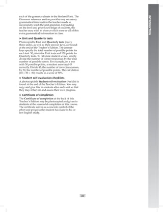 INTRODUCTION
xv
each of the grammar charts in the Student Book. The
Grammar reference section provides any necessary
grammatical information the teacher needs to
successfully teach the unit grammar. Depending
on the level and prior knowledge of students, the
teacher may wish to share or elicit some or all of this
extra grammatical information in class.
➤ Unit and Quarterly tests
Photocopiable Unit and Quarterly tests (every
three units), as well as their answer keys, are found
at the end of the Teacher’s Edition. The answer
keys specify the total number of possible points for
each test: 50 points for Unit tests and 150 points for
Quarterly tests. To calculate student scores, simply
divide the number of correct responses by the total
number of possible points. For example, on a test
with 50 possible points, a student answered 45
correctly. Divide 45, the number of correct responses,
by 50, the number of possible points. The calculation
(45 ÷ 50 = .90) results in a score of 90%.
➤ Student self-evaluation checklists
A photocopiable Student self-evaluation checklist is
found at the end of the Teacher’s Edition. You may
copy and give this to students after each unit so that
they may reﬂect on and assess their own progress.
➤ Certiﬁcate of completion
The Certificate of completion at the back of this
Teacher’s Edition may be photocopied and given to
students at the successful completion of this course.
The certiﬁcate serves as a concrete symbol of the
effort and progress the student has made in his or
her English study.
Postcards_splitA_TE1_FM.indd xv 2/26/07 11:55:32 AM5:32 AM
 