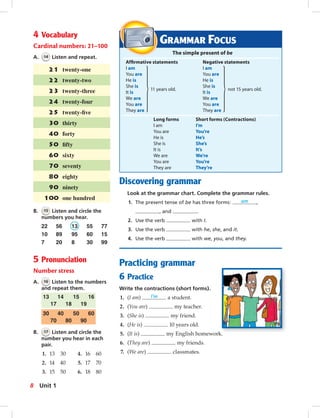 Postca
4 Vocabulary
Cardinal numbers: 21–100
A. 14 Listen and repeat.
21 twenty-one
22 twenty-two
23 twenty-three
24 twenty-four
25 twenty-ﬁve
30 thirty
40 forty
50 ﬁfty
60 sixty
70 seventy
80 eighty
90 ninety
100 one hundred
B. 15 Listen and circle the
numbers you hear.
22 56 13 55 77
10 89 95 60 15
7 20 8 30 99
5 Pronunciation
Number stress
A. 16 Listen to the numbers
and repeat them.
13 14 15 16
17 18 19
30 40 50 60
70 80 90
B. 17 Listen and circle the
number you hear in each
pair.
1. 13 30 4. 16 60
2. 14 40 5. 17 70
3. 15 50 6. 18 80
GRAMMAR FOCUS
The simple present of be
Afﬁrmative statements Negative statements
I am I am
You are You are
He is He is
She is
11 years old.
She is
not 15 years old.
It is It is
We are We are
You are You are
They are They are
Long forms Short forms (Contractions)
I am I’m
You are You’re
He is He’s
She is She’s
It is It’s
We are We’re
You are You’re
They are They’re
Discovering grammar
Look at the grammar chart. Complete the grammar rules.
1. The present tense of be has three forms: am ,
, and .
2. Use the verb with I.
3. Use the verb with he, she, and it.
4. Use the verb with we, you, and they.
Practicing grammar
6 Practice
Write the contractions (short forms).
1. (I am) I’m a student.
2. (You are) my teacher.
3. (She is) my friend.
4. (He is) 10 years old.
5. (It is) my English homework.
6. (They are) my friends.
7. (We are) classmates.
8 Unit 1
006-013_SB1A_U01_14106.indd 8 1/17/07 5:23:02 PM
 