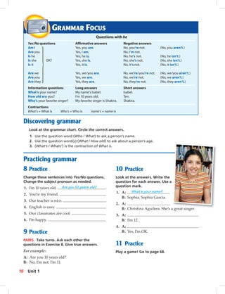 Postca
Practicing grammar
8 Practice
Change these sentences into Yes/No questions.
Change the subject pronoun as needed.
1. I’m 10 years old. Are you 10 years old?
2. You’re my friend.
3. Our teacher is nice.
4. English is easy.
5. Our classmates are cool.
6. I’m happy.
9 Practice
PAIRS. Take turns. Ask each other the
questions in Exercise 8. Give true answers.
For example:
A: Are you 10 years old?
B: No, I’m not. I’m 11.
10 Practice
Look at the answers. Write the
question for each answer. Use a
question mark.
1. A: What’s your name?
B: Sophia. Sophia Garcia.
2. A:
B: Christina Aguilera. She’s a great singer.
3. A:
B: I’m 12.
4. A:
B: Yes, I’m OK.
11 Practice
Play a game! Go to page 68.
Discovering grammar
Look at the grammar chart. Circle the correct answers.
1. Use the question word (Who / What) to ask a person’s name.
2. Use the question word(s) (What / How old) to ask about a person’s age.
3. (What’s / Whats’) is the contraction of What is.
Questions with be
Yes/No questions Afﬁrmative answers Negative answers
Am I Yes, you are. No, you’re not. (No, you aren’t.)
Are you Yes, I am. No, I’m not.
Is he Yes, he is. No, he’s not. (No, he isn’t.)
Is she OK? Yes, she is. No, she’s not. (No, she isn’t.)
Is it Yes, it is. No, it’s not. (No, it isn’t.)
Are we Yes, we/you are. No, we’re/you’re not. (No, we/you aren’t.)
Are you Yes, we are. No, we’re not. (No, we aren’t.)
Are they Yes, they are. No, they’re not. (No, they aren’t.)
Information questions Long answers Short answers
What’s your name? My name’s Isabel. Isabel.
How old are you? I’m 10 years old. Ten.
Who’s your favorite singer? My favorite singer is Shakira. Shakira.
Contractions
What’s = What is Who’s = Who is name’s = name is
GRAMMAR FOCUS
10 Unit 1
006-013_SB1A_U01_14106.indd 10 1/17/07 5:23:39 PM
 