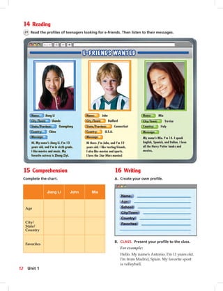 Postca
15 Comprehension
Complete the chart.
Jiang Li John Mia
Age
City/
State/
Country
Favorites
16 Writing
A. Create your own proﬁle.
14 Reading
21 Read the proﬁles of teenagers looking for e-friends. Then listen to their messages.
B. CLASS. Present your proﬁle to the class.
For example:
Hello. My name’s Antonio. I’m 11 years old.
I’m from Madrid, Spain. My favorite sport
is volleyball.
12 Unit 1
006-013_SB1A_U01_14106.indd 12 1/17/07 5:23:53 PM
 