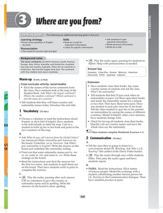 T24
TEACHER’SNOTES
• 33 Play the audio again, pausing for students to
repeat. Help with pronunciation as needed.
Answer key
Canadian Costa Rica Korean Morocco American
Venezuela Polish Japanese Lebanon
Extension
• Have students close their books. Say some
country names at random and ask the class
What’s the nationality?
• Tell students that they’ll quiz each other on
nationalities in pairs. Let them open their books
and study the nationality names for a minute
or two ﬁrst. Then have them form pairs. Have
one student in each pair close his or her book.
Tell the other student to quiz his or her partner
on nationalities by saying the names of different
countries. Model if helpful. After a few minutes,
have students change roles.
• Check by having all students close their books.
Quickly call out country names and have the
whole class say the nationality.
Have students complete Workbook Exercises 1–3.
2 Communication (15 min.)
A.
• Tell the class they’re going to listen to a
conversation about J.K. Rowling. Ask Who is J.K.
Rowling? (the author of the Harry Potter books)
• 34 Play the audio through once while students
listen. Then play the audio again and have
students repeat.
B.
• PAIRS. Read the instructions. Elicit names
of famous people. Model the exchange with a
student, substituting another famous person for
J.K. Rowling in the Communication dialogue. Then
have students practice in pairs.
Background notes
The seven continents are North America, South America,
Europe, Asia, Africa, Australia, and Antarctica. Australia
has only one country, Australia. There are no countries in
Antarctica. Asia has the largest land area. The continent
with the smallest land area is Australia.
Warm-up (5 min. or less)
Cross-curricular activity: social studies
• Elicit the names of the seven continents from
the class. Have students look at the map in the
Student Book. Ask What’s the largest continent?
What’s the smallest continent? Which continent is
also the name of a country?
• Tell students that they will learn country and
nationality names today. Introduce the unit title.
1 Vocabulary (15 min.)
A.
• Choose a volunteer to read the instructions aloud.
Explain or elicit label if helpful. Have students
work individually to label the map. Call on a
student to hold up his or her book and point to the
two countries on the map.
B.
• Ask What do you call a person from the United States?
(an American) Write nationality and American on
the board. Underline -an in American. Ask What’s
your nationality in English? Write the answer on the
board and underline the nationality ending.
• Point out that some nationality names end in -ian
or -an, some in -ish, and some in -ese. Write these
endings on the board.
• Read the instructions and elicit the answers for
the ﬁrst two items. Ask students to spell them out
on the board. Then have students work in pairs to
complete the exercise.
C.
• 33 Play the audio, pausing after each answer.
Call on volunteers to give the country or
nationality name and its spelling. Write the
answers on the board to show spelling.
Learning strategy
• Know some questions in English
by heart
Pronunciation
• The voiced th sound in this and that
Skills
• Read an e-mail for
important information
• Listen for speciﬁc information
• Ask questions to get
personal information
• Write personal information
• Write an e-mail
Learning goals The following are additional learning goals in this unit:
Postcards_splitA_TE1_U03.indd T24 2/26/07 11:57:34 AM
CARIB
SOUTH
AMERIC
0:34 PM
 