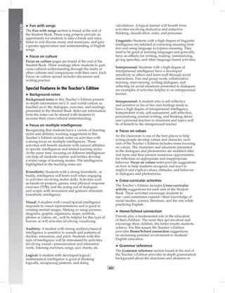 Postcards
INTRODUCTION
xiv
➤ Fun with songs
The Fun with songs section is found at the end of
the Student Book. These song projects provide an
opportunity for students to take a break and relax,
listen to and discuss music and musicians, and gain
a greater appreciation and understanding of English
songs.
➤ Focus on culture
Focus on culture pages are found at the end of the
Student Book. These readings allow students to gain
cross-cultural understanding through the study of
other cultures and comparisons with their own. Each
Focus on culture spread includes discussion and
writing practice.
Special Features in the Teacher’s Edition
➤ Background notes
Background notes in this Teacher’s Edition present
in-depth information on U.S. and world culture as
touched on in the dialogues, exercises, and readings
presented in the Student Book. Relevant information
from the notes can be shared with students to
increase their cross-cultural understanding.
➤ Focus on multiple intelligences
Recognizing that students have a variety of learning
styles and abilities, teaching suggestions in this
Teacher’s Edition include notes on activities with
a strong focus on multiple intelligences. These
activities will beneﬁt students with natural afﬁnities
to speciﬁc intelligences and related learning styles.
At the same time, focusing on different intelligences
can help all students explore and further develop
a wider range of learning modes. The intelligences
highlighted in the teaching notes are:
Kinesthetic: Students with a strong kinesthetic, or
bodily, intelligence will learn well when engaging
in activities involving motor skills. Activities such
as hands-on projects, games, total physical response
exercises (TPR), and the acting out of dialogues
and scripts with movement and gestures stimulate
kinesthetic intelligence.
Visual: A student with visual/spacial intelligence
responds to visual representations and is good at
creating mental images. Making or using pictures,
diagrams, graphic organizers, maps, symbols,
photos or videos, etc., will be helpful for this type of
learner, as will activities involving visualizing.
Auditory: A student with strong auditory/musical
intelligence is sensitive to sounds and patterns of
rhythm, intonation, and pitch. Students with this
type of intelligence will be stimulated by activities
involving sound—pronunciation and intonation
work, listening exercises, songs, jazz chants, etc.
Logical: A student with developed logical/
mathematical intelligence is good at thinking
logically, recognizing patterns, and doing
calculations. A logical learner will beneﬁt from
activities involving deductive and inductive
thinking, classiﬁcation, rules, and processes.
Linguistic: Students with a high degree of linguistic
intelligence are talented at extracting meaning from
text and using language to express meaning. They
tend to be good at learning languages and generally
have an afﬁnity for writing, reading, summarizing,
giving speeches, and other language-based activities.
Interpersonal: Students with a high degree of
interpersonal intelligence have a developed
sensitivity to others and learn well through social
interactions. Pair and group work, collaborative
learning, interviewing, writing dialogues, and
reﬂecting on social situations presented in dialogues
are examples of activities helpful to an interpersonal
learner.
Intrapersonal: A student who is self-reﬂective
and sensitive to his or her own feelings tends to
have a high degree of intrapersonal intelligence.
Independent work, self-assessment, self-reﬂection,
personalizing, journal-writing, and thinking about
one’s personal reaction to situations and topics will
be of beneﬁt to the intrapersonal learner.
➤ Focus on values
As the classroom is one of the best places to help
young people develop values and character, each
unit of the Teacher’s Edition includes notes focusing
on values. The characters and situations presented
in the dialogues and photostories are modeled after
real teens and thus present numerous opportunities
for reﬂection on appropriate and inappropriate
behavior. Focus on values notes provide suggestions
on how to help students recognize and react to
implicit and explicit values, attitudes, and behavior
in dialogues and photostories.
➤ Cross-curricular activities
The Teacher’s Edition includes Cross-curricular
activity suggestions for each unit of the Student
Book. These activities encourage students to
use—and sometimes expand—their knowledge of
social studies, science, literature, and the arts while
practicing English.
➤ Home/School connection
Parents play a fundamental role in the education
of their children. The more they get involved and
encourage their children, the better results students
achieve. For this reason the Teacher’s Edition
provides Home/School connection suggestions
on increasing parental involvement in students’
English education.
➤ Grammar reference
The Grammar reference section found at the end of
the Teacher’s Edition provides in-depth grammatical
background about the structures and elements in
Postcards_splitB_TE1_FM.indd xiv 2/27/07 10:23:15 AM
 