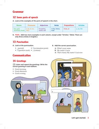 Grammar
12 Some parts of speech
A. Look at the examples of the parts of speech in the chart.
Nouns Pronouns Adjectives Verbs Prepositions Articles
boy, girl,
Australia, book
I, he, it, we,
they
beautiful,
small, tall
write, listen,
read
from, at a, an, the
B. PAIRS. Add two more examples in each column, except under “Articles.” (Note: There are
only three articles in English.)
13 Punctuation
A. Look at the punctuation.
• . (period) • ! (exclamation point)
• ? (question mark) • , (comma)
Communication
14 Greetings
10 Listen and repeat the greetings. Write the
correct greeting in each balloon.
• Good morning.
• Good afternoon.
• Good evening.
B. Add the correct punctuation.
A: What’s your name
B: My name’s Lucia
A: That’s funny My name’s Lucia too
2.
1.
3.
5Let’s get started.
vi-5_SB1B_LGS_14106.indd 5 1/17/07 7:22:32 PM0:23:19 AM
 