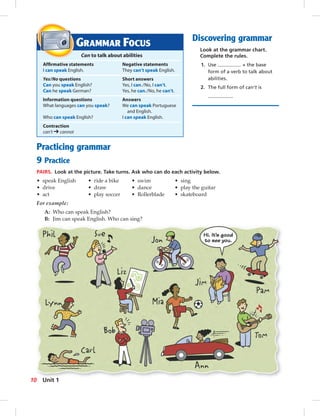 Postcards
Discovering grammar
Look at the grammar chart.
Complete the rules.
1. Use + the base
form of a verb to talk about
abilities.
2. The full form of can’t is
.
GRAMMAR FOCUS
Can to talk about abilities
Afﬁrmative statements Negative statements
I can speak English. They can’t speak English.
Yes/No questions Short answers
Can you speak English? Yes, I can./No, I can’t.
Can he speak German? Yes, he can./No, he can’t.
Information questions Answers
What languages can you speak? We can speak Portuguese
and English.
Who can speak English? I can speak English.
Contraction
can’t ➔ cannot
Practicing grammar
9 Practice
PAIRS. Look at the picture. Take turns. Ask who can do each activity below.
• speak English • ride a bike • swim • sing
• drive • draw • dance • play the guitar
• act • play soccer • Rollerblade • skateboard
For example:
A: Who can speak English?
B: Jim can speak English. Who can sing?
10 Unit 1
006-013_SB1B_U01_14106.indd 10 1/17/07 7:26:02 PM
 