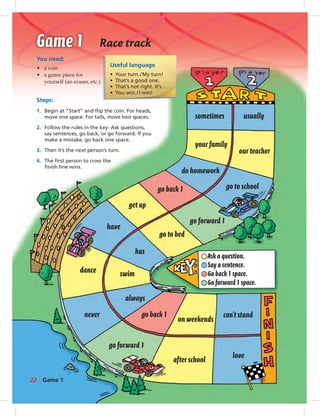 Postcards
sometimes usually
your family
do homework
go back 1
get up
have
dance
never
always
go forward 1
after school
on weekends
can’t stand
love
go back 1
swim
has
go to bed
go forward 1
go to school
our teacher
Ask a question.
Say a sentence.
Go back 1 space.
Go forward 1 space.
You need:
• a coin
• a game piece for
yourself (an eraser, etc.)
Steps:
1. Begin at “Start” and ﬂip the coin. For heads,
move one space. For tails, move two spaces.
2. Follow the rules in the key: Ask questions,
say sentences, go back, or go forward. If you
make a mistake, go back one space.
3. Then it’s the next person’s turn.
4. The ﬁrst person to cross the
ﬁnish line wins.
Race track
Useful language
• Your turn./My turn!
• That’s a good one.
• That’s not right. It’s . . .
• You win./I win!
22 Game 1
014-023_SB1B_U02_14106.indd 22 1/17/07 7:28:12 PM
 