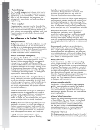 xiv
INTRODUCTION
➤Fun with songs
The Fun with songs section is found at the end of
the Student Book. These song projects provide an
opportunity for students to take a break and relax,
listen to and discuss music and musicians, and
gain a greater appreciation and understanding of
English songs.
➤Focus on culture
Focus on culture pages are found at the end of the
Student Book. These readings allow students to gain
cross-cultural understanding through the study of
other cultures and comparisons with their own. Each
Focus on culture spread includes discussion and
writing practice.
Special Features in the Teacher’s Edition
➤Background notes
Background notes in this Teacher’s Edition present
in-depth information on U.S. and world culture as
touched on in the dialogues, exercises, and readings
presented in the Student Book. Relevant information
from the notes can be shared with students to
increase their cross-cultural understanding.
➤Focus on multiple intelligences
Recognizing that students have a variety of learning
styles and abilities, teaching suggestions in this
Teacher’s Edition include notes on activities with
a strong focus on multiple intelligences. These
activities will beneﬁt students with natural afﬁnities
for speciﬁc intelligences and related learning styles.
At the same time, focusing on different intelligences
can help all students explore and further develop
a wider range of learning modes. The intelligences
highlighted in the teaching notes are:
Kinesthetic: Students with a strong kinesthetic, or
bodily, intelligence will learn well when engaging
in activities involving motor skills. Activities such
as hands-on projects, games, total physical response
exercises (TPR), and the acting out of dialogues
and scripts with movement and gestures stimulate
kinesthetic intelligence.
Visual: A student with visual/spacial intelligence
responds to visual representations and is good at
creating mental images. Making or using pictures,
diagrams, graphic organizers, maps, symbols,
photos or videos, etc., will be helpful for this type of
learner, as will activities involving visualizing.
Auditory: A student with strong auditory/musical
intelligence is sensitive to sounds and patterns of
rhythm, intonation, and pitch. Students with this
type of intelligence will be stimulated by activities
involving sound—pronunciation and intonation
work, listening exercises, songs, jazz chants, etc.
Logical: A student with developed logical/
mathematical intelligence is good at thinking
logically, recognizing patterns, and doing
calculations. A logical learner will beneﬁt from
activities involving deductive and inductive
thinking, classiﬁcation, rules, and processes.
Linguistic: Students with a high degree of linguistic
intelligence are talented at extracting meaning from
text and using language to express meaning. They
tend to be good at learning languages and generally
have an afﬁnity for writing, reading, summarizing,
giving speeches, and other language-based activities.
Interpersonal: Students with a high degree of
interpersonal intelligence have a developed
sensitivity to others and learn well through social
interactions. Pair and group work, collaborative
learning, interviewing, writing dialogues, and
reﬂecting on social situations presented in dialogues
are examples of activities helpful to an interpersonal
learner.
Intrapersonal: A student who is self-reﬂective
and sensitive to his or her own feelings tends to
have a high degree of intrapersonal intelligence.
Independent work, self-assessment, self-reﬂection,
personalizing, journal-writing, and thinking about
one’s personal reaction to situations and topics will
be of beneﬁt to the intrapersonal learner.
➤Focus on values
As the classroom is one of the best places to help
young people develop values and character, each
unit of the Teacher’s Edition includes notes focusing
on values. The characters and situations presented
in the dialogues and photostories are modeled after
real teens and thus present numerous opportunities
for reﬂection on appropriate and inappropriate
behavior. Focus on values notes provide suggestions
on how to help students recognize and react to
implicit and explicit values, attitudes, and behavior
in dialogues and photostories.
➤Cross-curricular activities
The Teacher’s Edition includes Cross-curricular
activity suggestions for each unit of the Student
Book. These activities encourage students to
use—and sometimes expand—their knowledge of
social studies, science, literature, and the arts while
practicing English.
➤Home/School connection
Parents play a fundamental role in the education
of their children. The more they get involved and
encourage their children to work at home, the
better results students achieve. For this reason
the Teacher’s Edition provides Home/School
connection suggestions on increasing parental
involvement in students’ English education.
➤Grammar reference
The Grammar reference section found at the end of
the Teacher’s Edition provides in-depth grammatical
 