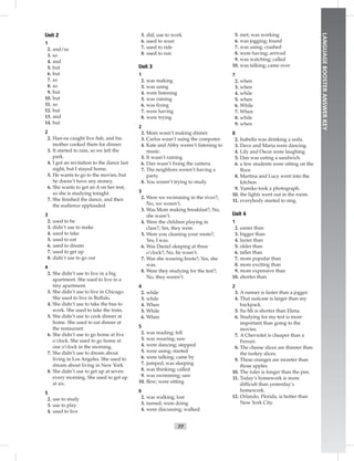 77
LANGUAGEBOOSTERANSWERKEY
Unit 2
1
2. and/so
3. so
4. and
5. but
6. but
7. so
8. so
9. but
10. but
11. so
12. but
13. and
14. but
2
2. Han-su caught ﬁve ﬁsh, and his
mother cooked them for dinner.
3. It started to rain, so we left the
park.
4. I got an invitation to the dance last
night, but I stayed home.
5. He wants to go to the movies, but
he doesn’t have any money.
6. She wants to get an A on her test,
so she is studying tonight.
7. She ﬁnished the dance, and then
the audience applauded.
3
2. used to be
3. didn’t use to make
4. used to take
5. used to eat
6. used to dream
7. used to get up
8. didn’t use to go out
4
2. She didn’t use to live in a big
apartment. She used to live in a
tiny apartment.
3. She didn’t use to live in Chicago.
She used to live in Buffalo.
4. She didn’t use to take the bus to
work. She used to take the train.
5. She didn’t use to cook dinner at
home. She used to eat dinner at
the restaurant.
6. She didn’t use to go home at ﬁve
o’clock. She used to go home at
one o’clock in the morning.
7. She didn’t use to dream about
living in Los Angeles. She used to
dream about living in New York.
8. She didn’t use to get up at seven
every morning. She used to get up
at six.
5
2. use to study
3. use to play
4. used to live
5. did; use to work
6. used to wear
7. used to ride
8. used to run
Unit 3
1
2. was making
3. was using
4. were listening
5. was raining
6. was ﬁxing
7. were having
8. were trying
2
2. Mom wasn’t making dinner.
3. Carlos wasn’t using the computer.
4. Kate and Abby weren’t listening to
music.
5. It wasn’t raining.
6. Dan wasn’t ﬁxing the camera.
7. The neighbors weren’t having a
party.
8. You weren’t trying to study.
3
2. Were we swimming in the river?;
No, we weren’t.
3. Was Mom making breakfast?; No,
she wasn’t.
4. Were the children playing in
class?; Yes, they were.
5. Were you cleaning your room?;
Yes, I was.
6. Was Daniel sleeping at three
o’clock?; No, he wasn’t.
7. Was she wearing boots?; Yes, she
was.
8. Were they studying for the test?;
No, they weren’t.
4
2. while
3. while
4. When
5. While
6. When
5
2. was reading; fell
3. was wearing; saw
4. were dancing; stepped
5. were using; started
6. were talking; came by
7. jumped; was sleeping
8. was thinking; called
9. was swimming; saw
10. ﬂew; were sitting
6
2. was walking; lost
3. turned; were doing
4. were discussing; walked
5. met; was working
6. was jogging; found
7. was using; crashed
8. were having; arrived
9. was watching; called
10. was talking; came over
7
2. when
3. when
4. while
5. when
6. While
7. When
8. while
9. when
8
2. Isabella was drinking a soda.
3. Dave and Maria were dancing.
4. Lily and Oscar were laughing.
5. Dan was eating a sandwich.
6. a few students were sitting on the
ﬂoor.
8. Martina and Lucy went into the
kitchen.
9. Yumiko took a photograph.
10. the lights went out in the room.
11. everybody started to sing.
Unit 4
1
2. easier than
3. bigger than
4. lazier than
5. older than
6. taller than
7. more popular than
8. more exciting than
9. more expensive than
10. shorter than
2
3. A runner is faster than a jogger.
4. That suitcase is larger than my
backpack.
5. Su-Mi is shorter than Elena.
6. Studying for my test is more
important than going to the
movies.
7. A Chevrolet is cheaper than a
Ferrari.
8. The cheese slices are thinner than
the turkey slices.
9. These oranges are sweeter than
those apples.
10. The ruler is longer than the pen.
11. Today’s homework is more
difﬁcult than yesterday’s
homework.
12. Orlando, Florida, is hotter than
New York City.
 