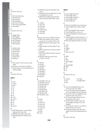 78
LANGUAGEBOOSTERANSWERKEY
3
Answers will vary.
4
2. the most relaxing
3. the heaviest
4. the slowest
5. the healthiest
6. the most exciting
7. the most comfortable
8. the softest
5
Answers will vary.
6
2. bigger than
3. the biggest
5. cheaper than
6. the cheapest
8. luckier than
9. the luckiest
7
2. farther than
3. the farthest
4. worse than
5. the worst
6. the largest
7. better than
8. the best
8
3. The movie is not as scary as the
book.
4. Picasso is as famous as Monet.
5. Tom Cruise is not as handsome as
Johnny Depp.
9
Answers will vary.
Unit 5
1
2. will
3. won’t
4. will
5. ’ll
6. ’ll
7. ’ll
8. ’ll
9. ’ll
10. ’ll
11. will
12. won’t
13. ’ll
14. ’ll
15. ’ll
16. won’t
2
2. Will Maria take a year off after
high school?; she will.
3. Will they get jobs?; they will.
4. Will Josh travel to Mexico?; he
will.
5. Will Maria travel with Josh?; she
won’t.
6. Will Josh have enough time to visit
everything?; he won’t.
7. Will Josh and Maria get married
before they get jobs?; they won’t.
3
2. will get
3. will visit
4. will meet
5. will win
6. will become
7. will keep
8. will start
4
Answers may vary. Possible answers:
3. Will your friends visit you after
you move to London?; they will.
4. Will Sarah meet a great guy?; she
will.
5. Will Yumiko win the lottery?; she
will.
6. Will Carl become a famous artist?;
he won’t.
7. Will Elena tell her friend’s secret?;
she won’t.
8. Will the math test start at ten
o’clock?; it won’t.
5
2. should
3. should
4. shouldn’t
5. should
6. shouldn’t
7. shouldn’t
8. shouldn’t
9. shouldn’t
10. should
6
2. shouldn’t stay up
3. shouldn’t go out
4. should exercise
5. should take
6. should see
7. should sleep
8. shouldn’t eat
9. should send
10. shouldn’t wear
7
2. must
3. must
4. must not
5. must not
6. must not
7. must not
8. must
9. must
10. must
Unit 6
1
2. may/might hang out
3. may/might snow
4. may/might not like it
5. may/might not be
6. may/might get
2
2. They may/might arrive tomorrow.
3. I may/might not be able to help
you.
4. You may/might be the winner.
5. I may/might buy a new car.
6. You may/might not want to go to
college.
7. I may/might see him tomorrow. / I
may/might not see him tomorrow.
8. She may/might ask him on a date.
3
2. will
3. may
4. might
5. will
6. may, may not
4
4. Will
5. ’ll
6. Will
7. may/might
8. ’ll
9. may/might
10. Will
11. ’ll
12. ’ll
5
Answers will vary.
6
5. works
6. might bake
2. will be
3. has
4. feel
7
2. If you eat healthful food, you
won’t get sick very often.
3. If you eat cheese before bedtime,
you may/might have bad dreams.
4. If you are not over eighteen years
old, they won’t let you in.
5. If I am not home before 10 p.m.,
my parents will worry.
6. If she drinks another soda, she
may/might not sleep very well
tonight.
7. If you break a mirror, you’ll have
bad luck for seven years.
8. If she gets home soon, she may/
might watch the baseball game on
TV.
8
Answers will vary.
 