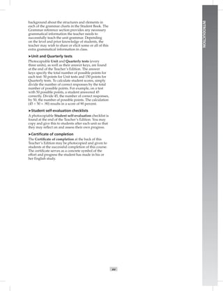 xv
INTRODUCTION
background about the structures and elements in
each of the grammar charts in the Student Book. The
Grammar reference section provides any necessary
grammatical information the teacher needs to
successfully teach the unit grammar. Depending
on the level and prior knowledge of students, the
teacher may wish to share or elicit some or all of this
extra grammatical information in class.
➤Unit and Quarterly tests
Photocopiable Unit and Quarterly tests (every
three units), as well as their answer keys, are found
at the end of the Teacher’s Edition. The answer
keys specify the total number of possible points for
each test: 50 points for Unit tests and 150 points for
Quarterly tests. To calculate student scores, simply
divide the number of correct responses by the total
number of possible points. For example, on a test
with 50 possible points, a student answered 45
correctly. Divide 45, the number of correct responses,
by 50, the number of possible points. The calculation
(45 ÷ 50 = .90) results in a score of 90 percent.
➤Student self-evaluation checklists
A photocopiable Student self-evaluation checklist is
found at the end of the Teacher’s Edition. You may
copy and give this to students after each unit so that
they may reﬂect on and assess their own progress.
➤Certiﬁcate of completion
The Certiﬁcate of completion at the back of this
Teacher’s Edition may be photocopied and given to
students at the successful completion of this course.
The certiﬁcate serves as a concrete symbol of the
effort and progress the student has made in his or
her English study.
 