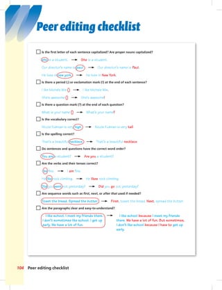 Peer editing checklist104
Peer editing checklist
Is the ﬁrst letter of each sentence capitalized? Are proper nouns capitalized?
she is a student. She is a student.
Our director’s name is paul. Our director’s name is Paul.
He lives in new york. He lives in New York.
Is there a period (.) or exclamation mark (!) at the end of each sentence?
I like Michele Wie I like Michele Wie.
She’s awesome She’s awesome!
Is there a question mark (?) at the end of each question?
What is your name What’s your name?
Is the vocabulary correct?
Nicole Kidman is very high. Nicole Kidman is very tall.
Is the spelling correct?
That’s a beautiful necklece. That’s a beautiful necklace.
Do sentences and questions have the correct word order?
You are a student? Are you a student?
Are the verbs and their tenses correct?
I be ﬁne. I am ﬁne.
He like rock climbing. He likes rock climbing.
Did you went out yesterday? Did you go out yesterday?
Are sequence words such as ﬁrst, next, or after that used if needed?
Toast the bread. Spread the butter. First, toast the bread. Next, spread the butter.
Are the paragraphs clear and easy-to-understand?
I like school. I meet my friends there.
I don’t sometimes like school. I get up
early. We have a lot of fun.
I like school because I meet my friends
there. We have a lot of fun. But sometimes,
I don’t like school because I have to get up
early.
 