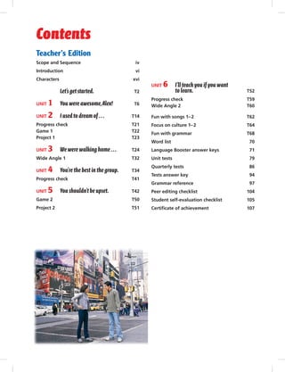 Contents
Teacher’s Edition
Scope and Sequence iv
Introduction vi
Characters xvi
Let’s get started. T2
UNIT 1 You were awesome,Alex! T6
UNIT 2 I used to dream of ... T14
Progress check T21
Game 1 T22
Project 1 T23
UNIT 3 We were walking home ... T24
Wide Angle 1 T32
UNIT 4 You’re the best in the group. T34
Progress check T41
UNIT 5 You shouldn’t be upset. T42
Game 2 T50
Project 2 T51
UNIT 6 I’ll teach you if you want
to learn. T52
Progress check T59
Wide Angle 2 T60
Fun with songs 1–2 T62
Focus on culture 1–2 T64
Fun with grammar T68
Word list 70
Language Booster answer keys 71
Unit tests 79
Quarterly tests 86
Tests answer key 94
Grammar reference 97
Peer editing checklist 104
Student self-evaluation checklist 105
Certiﬁcate of achievement 107
 