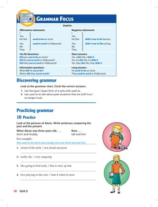 Discovering grammar
Look at the grammar chart. Circle the correct answers.
1. Use the (past / base) form of a verb with used to.
2. Use used to to talk about past situations that are (still true /
no longer true).
Practicing grammar
10 Practice
Look at the pictures of Alexis. Write sentences comparing the
past and the present.
When Alexis was three years old, . . . Now . . .
short and chubby tall and thin
For example:
She used to be short and chubby, but now she’s tall and thin.
1. afraid of the dark / not afraid anymore
2. really shy / very outgoing
3. like going to bed early / like to stay up late
4. love playing in the rain / hate it when it rains
GRAMMAR FOCUS
Used to
Afﬁrmative statements Negative statements
I I
You You
He/She used to be an actor. He/She didn’t use to be famous.
You used to work in Hollywood. You didn’t use to like acting.
We We
They They
Yes/No Questions Short answers
Did you use to be an actor? Yes, I did./No, I didn’t.
Did he use to work in Hollywood? Yes, he did./No, he didn’t.
Did they use to work in Hollywood? Yes, they did./No, they didn’t.
Information questions Long answers
What did he use to be? He used to be an actor.
Where did they use to work? They used to work in Hollywood.
18 Unit 2
 