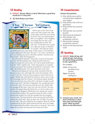 13 Reading
A. GROUPS. Discuss: What is a fairy? What does a good fairy
usually do in a fairy tale?
B. 29 Read along as you listen.
ONCE upon a time, there lived
a poor man with a pretty wife. One
winter night, while they were sitting
by the re, they were talking about
their rich neighbors. Their neighbors
were happy because they could
buy anything they wanted. The
wife said, “I wish there were a good
fairy right now to give us whatever
we wanted.” The husband said he
was thinking the very same thing. At that instant, a very beautiful
woman appeared in the room. She said, “I am a fairy. I promise to
give you anything you ask for. But think carefully. You have only
three wishes.” Then she disappeared.
The wife told her husband, “Personally, I’d ask to be beautiful
and rich.” But the husband said, “Being beautiful and rich is
useless if you get sick and you die. Let’s ask for good health and a
long life.” “But,” said the wife, “what’s the purpose of a long life
if you’re very poor? We would be miserable for a long time!” “All
right,” the husband said. “Let’s think about this some more.”
While he was talking, his wife put more rewood on the re
because it was a very cold night. She said to her husband, “This
is such a nice re. I wish we had sausages to cook on this re for
supper.” Before she could nish her sentence, down came a long
link of sausages from the chimney. The husband angrily shouted,
“Now we only have two wishes left! I wish those sausages would
stick to your nose!” And then it happened. The sausages got stuck
to the wife’s nose. The wife screamed because she couldn’t take
the sausages off her nose. There was only one wish left. The man
and his wife argued about the third wish—to ask for riches or for
the sausages to disappear? While they were arguing, the woman
ran toward the window. She wanted to jump out of the window
because she couldn’t live with the sausages that were hanging
from her nose. The man loved his wife so much and couldn’t live
without her, so he said, “Stop, my dear wife. All right. You make
the last wish.” The wife wished for the sausages to drop off, and the
sausages fell to the oor. Both husband and wife were very happy.
They realized that they didn’t need riches or a long life. They were
happy the way they were because they loved each other.
14 Comprehension
Answer the questions.
1. Why did the man and his
wife think their neighbors
were happy?
2. Why did the wife wish for a
good fairy?
3. What did the fairy promise
to do?
4. What did the wife want for
herself?
5. What about the husband?
6. What did the wife
accidentally wish for?
7. What did the husband
accidentally wish for?
8. What was the third and last
wish?
15 Speaking
A. GROUPS. Make all-boy and
all-girl groups. Each group,
list several things you’d like
to ask a good fairy.
For example:
Girls: I’d ask to be
president of my
country.
Boys: I’d ask for
intelligence.
Girls Boys
I’d ask for … I’d ask for …
I’d ask to
be …
I’d ask to
be …
B. Compare your results. Are
there similarities in what
boys want and what girls
want? What are they?
What are the differences?
30 Unit 3
 