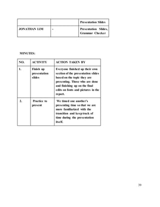 39
Presentation Slides
JONATHAN LIM - Presentation Slides,
Grammar Checker
MINUTES:
NO. ACTIVITY ACTION TAKEN BY
1. Finish up
presentation
slides
Everyone finished up their own
section of the presentation slides
based on the topic they are
presenting. Those who are done
and finishing up on the final
edits on fonts and pictures in the
report.
2. Practice to
present
We timed one another’s
presenting time so that we are
more familiarized with the
transition and keeptrack of
time during the presentation
itself.
 