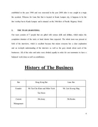 4
established in the year 1980 and was renovated in the year 2004 after it was caught in a tragic
fire accident. Whereas for Luna Bar that is located in Kuala Lumpur city, it happens to be the
first rooftop bar in Kuala Lumpur and is situated on the 34th floor of Pacific Regency Hotel.
2. THE TEAM (BARSTERS)
Our team consists of 7 people that are gifted with various skills and abilities, which makes the
completion duration of the tasks at hand shorter than expected. The whole team was present at
both of the interviews, which is excellent because that means everyone has a clear explanation
and an in-depth understanding of the interview as well as the gory details about each of the
businesses. All of the roles and tasks were divided equally in order for our teammates to have a
balanced work done as well as contribution.
History of The Business
Bar Hong Kong Bar Luna Bar
Founder Mr Tan Cho Khen and Mdm Yeoh
Sze Hoon
Mr. Lim Kwong Hing
Current
Management
Ms.Jenny Mr.Roslan
 