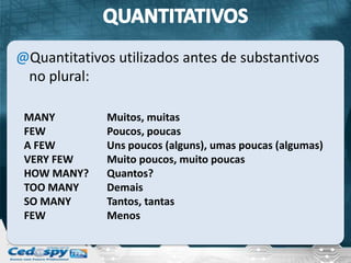 @Quantitativos utilizados antes de substantivos
 no plural:

 MANY         Muitos, muitas
 FEW          Poucos, poucas
 A FEW        Uns poucos (alguns), umas poucas (algumas)
 VERY FEW     Muito poucos, muito poucas
 HOW MANY?    Quantos?
 TOO MANY     Demais
 SO MANY      Tantos, tantas
 FEW          Menos
 