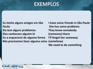 Eu tenho alguns amigos em São       I have some friends in São Paulo
Paulo                                She has some problems
Ela tem alguns problemas            They know somebody
Eles conhecem alguém lá             (someone) there
Eu a esquecerei de alguma forma     I'll forget her someway
Nós precisamos fazer alguma coisa   (somehow)
                                    We need to do something
 