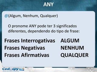 @(Algum, Nenhum, Qualquer)

 O pronome ANY pode ter 3 significados
 diferentes, dependendo do tipo de frase:

Frases Interrogativas ALGUM
Frases Negativas      NENHUM
Frases Afirmativas    QUALQUER
 