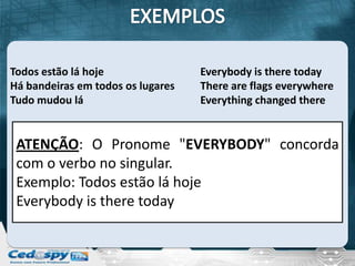 Todos estão lá hoje                Everybody is there today
Há bandeiras em todos os lugares   There are flags everywhere
Tudo mudou lá                      Everything changed there


 ATENÇÃO: O Pronome "EVERYBODY" concorda
 com o verbo no singular.
 Exemplo: Todos estão lá hoje
 Everybody is there today
 