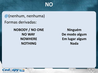 @(nenhum, nenhuma)
Formas derivadas:
    NOBODY / NO ONE      Ninguém
        NO WAY        De modo algum
       NOWHERE        Em lugar algum
       NOTHING             Nada
 