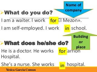 What do you do?
I am a waiter. I work «El Mezon».
I am self-employed. I work a school.
What does he/she do?
He is a doctor. He works Carrion
Hospital.
She’s a nurse. She works a hospital.
for
in
for
in
Name of
company
Building
or
place
Yesica Garcia Comun
 