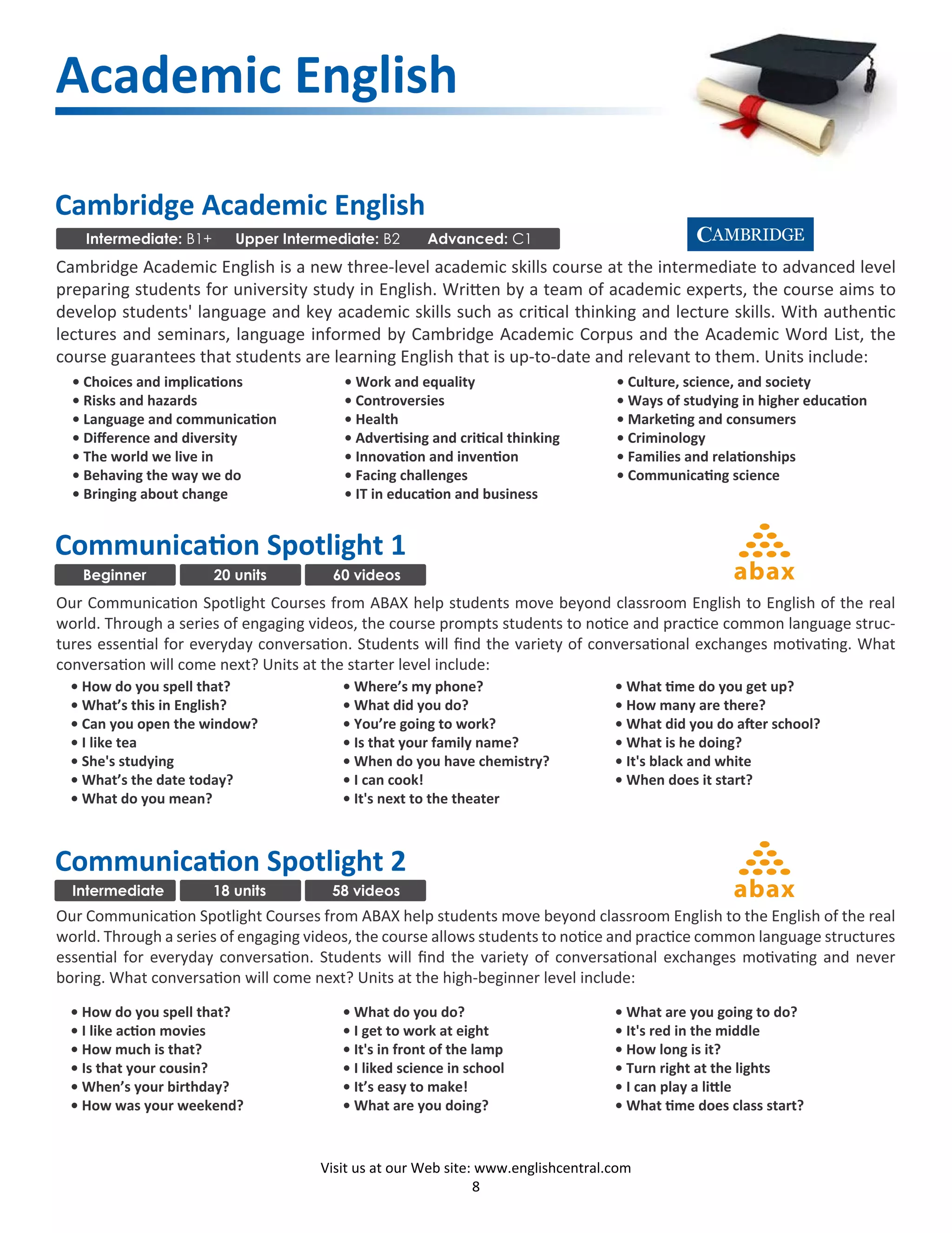 EnglishCentral Course Catalog PDF