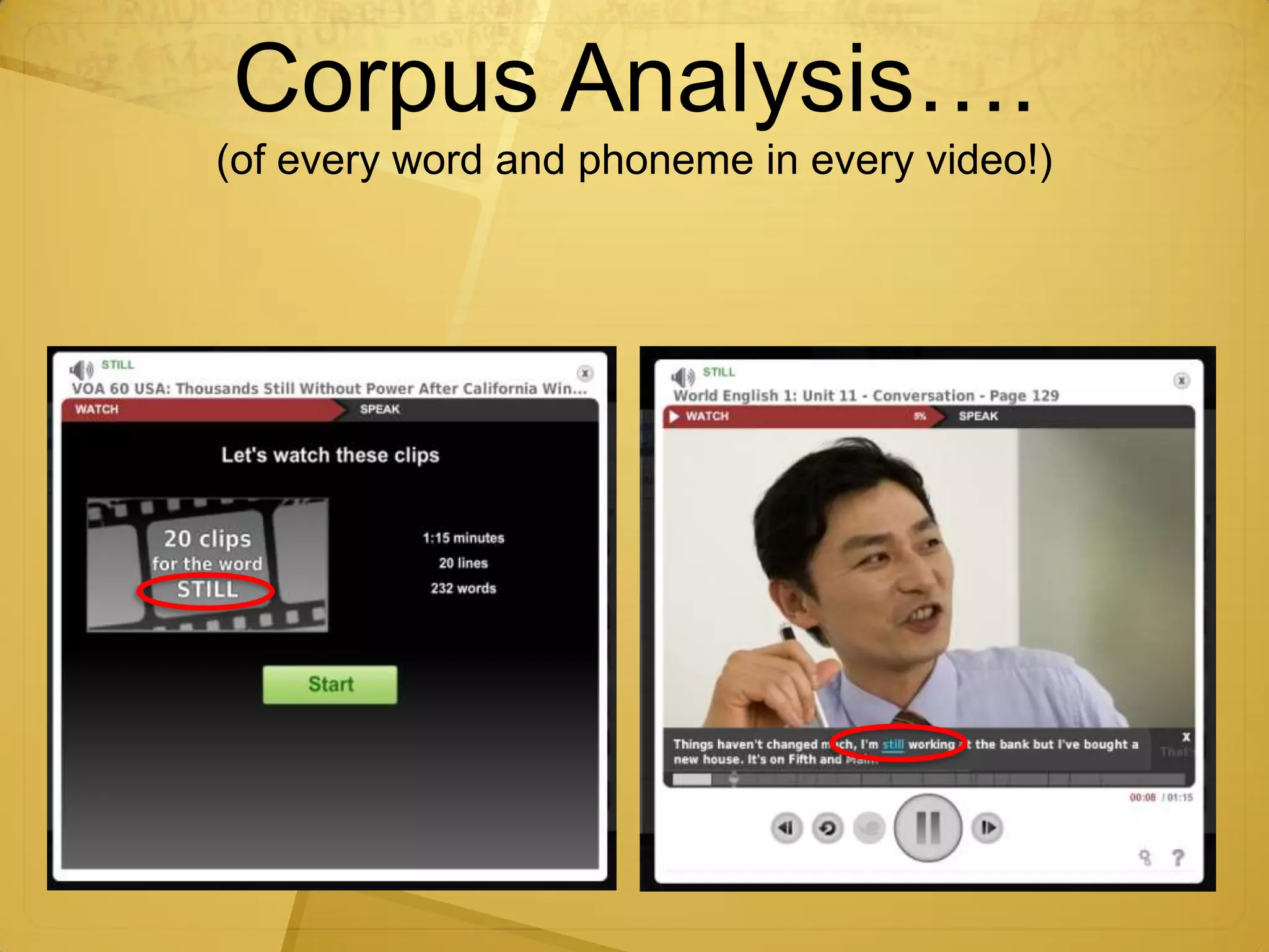 Corpus Analysis….
(of every word and phoneme in every video!)
 