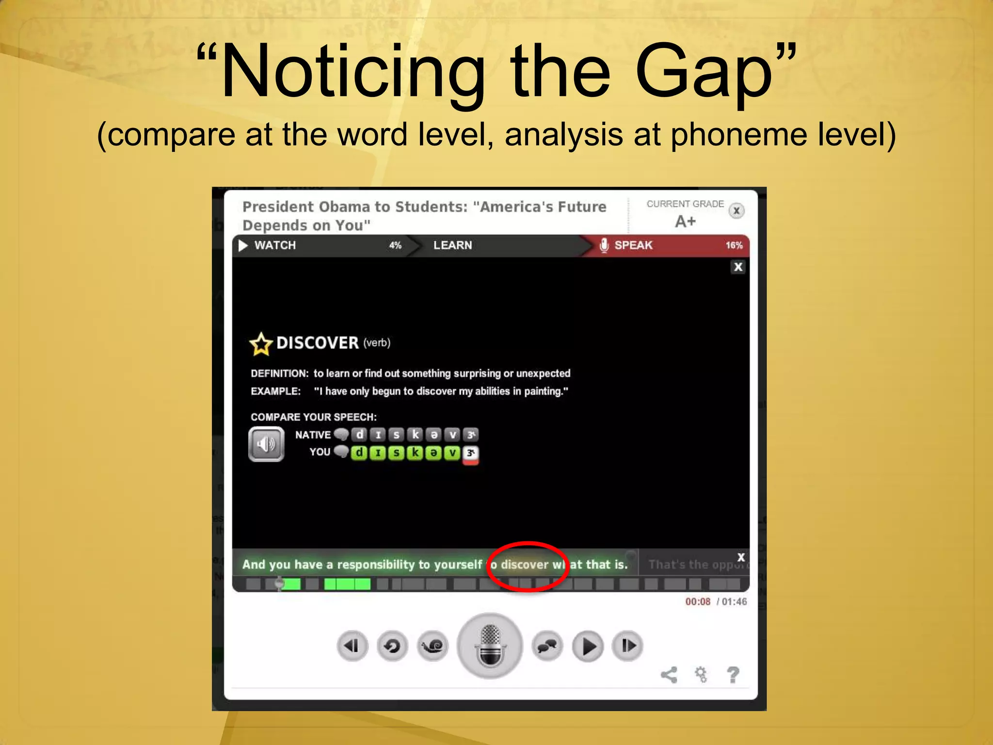 “Noticing the Gap”
(compare at the word level, analysis at phoneme level)
 