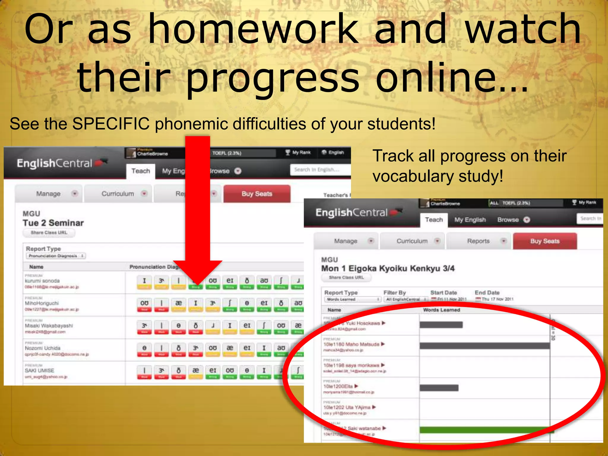 Or as homework and watch
   their progress online…
See the SPECIFIC phonemic difficulties of your students!
                                               Track all progress on their
                                               vocabulary study!
 