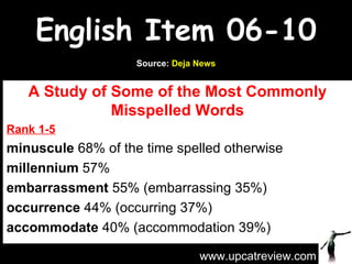 English Item 06-10 A Study of Some of the Most Commonly Misspelled Words Rank 1-5 minuscule  68% of the time spelled otherwise  millennium  57%  embarrassment  55% (embarrassing 35%)  occurrence  44% (occurring 37%)  accommodate  40% (accommodation 39%) www.upcatreview.com Source:  Deja News 