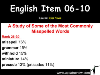 English Item 06-10 A Study of Some of the Most Commonly Misspelled Words Rank 26-30  misspell  16% grammar  15% withhold  15%  miniature  14%  precede  13% (precedes 11%) www.upcatreview.com Source:  Deja News 