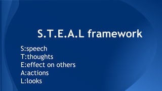 S.T.E.A.L framework
S:speech
T:thoughts
E:effect on others
A:actions
L:looks

 