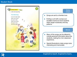 Interactive Hybrid CDStudent Book
 Songs are set to a familiar tune
 Ending a unit with a song is an
excellent chance to have students
retain target vocabulary and key
patterns
Song
Chest
 Many of the songs can be altered to
include personal information about the
students, making for a fun classroom
experience.
 Special illustrations make songs more
interesting and memorable
Bonus
 