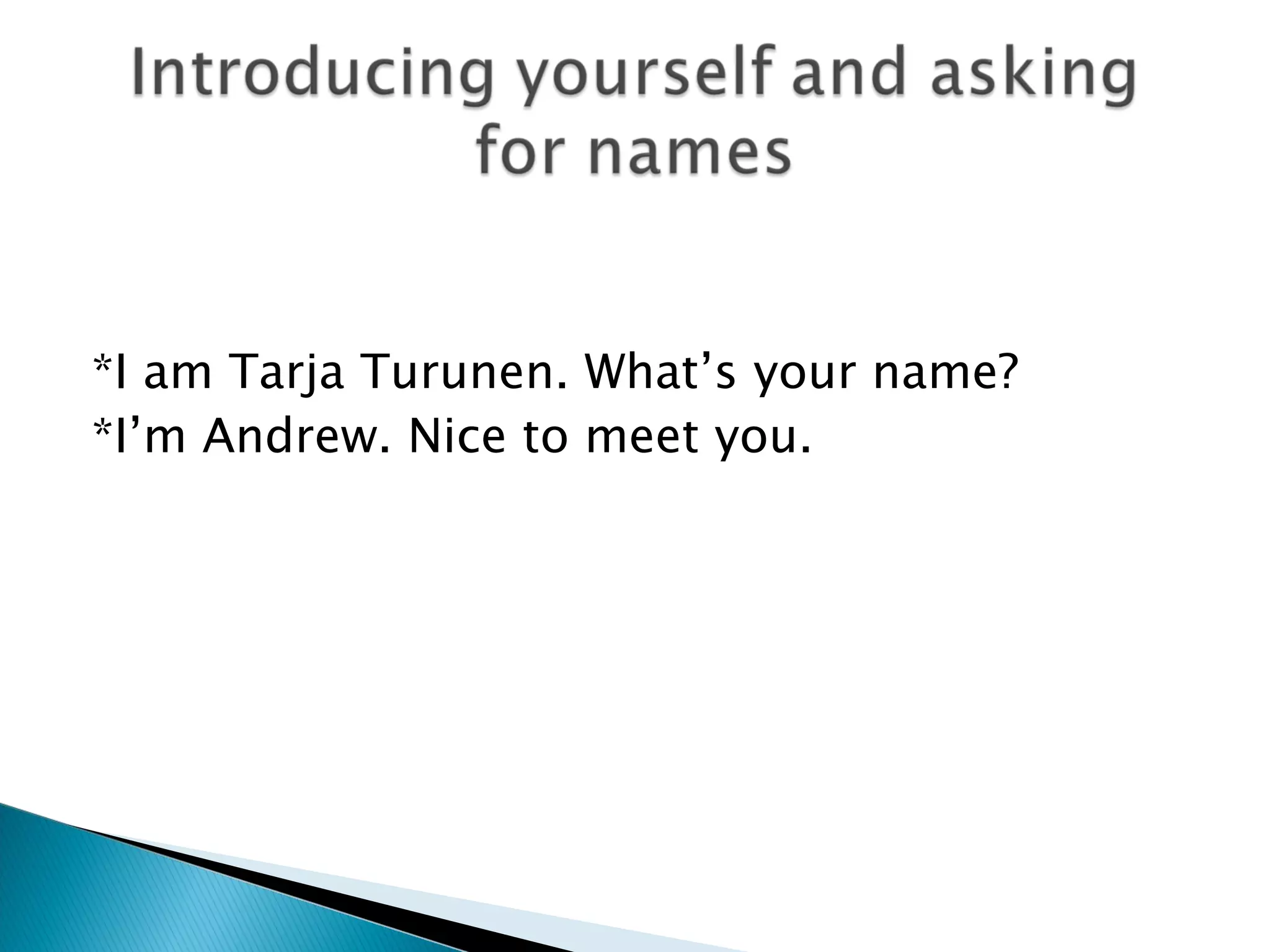 *I am Tarja Turunen. What’s your name?
*I’m Andrew. Nice to meet you.
 