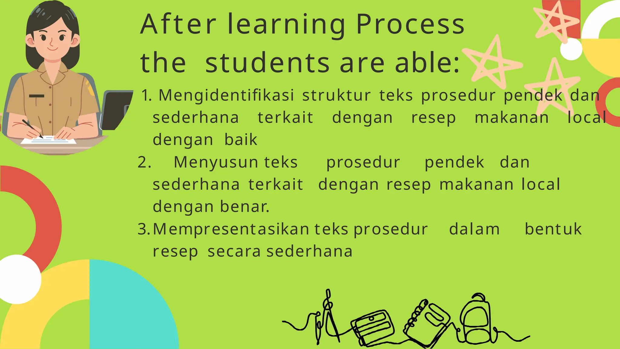 After learning Process
the students are able:
1. Mengidentifikasi struktur teks prosedur pendek dan
sederhana terkait dengan resep makanan local
dengan baik
2. Menyusun teks prosedur pendek dan
sederhana terkait dengan resep makanan local
dengan benar.
3.Mempresentasikan teks prosedur dalam bentuk
resep secara sederhana
 