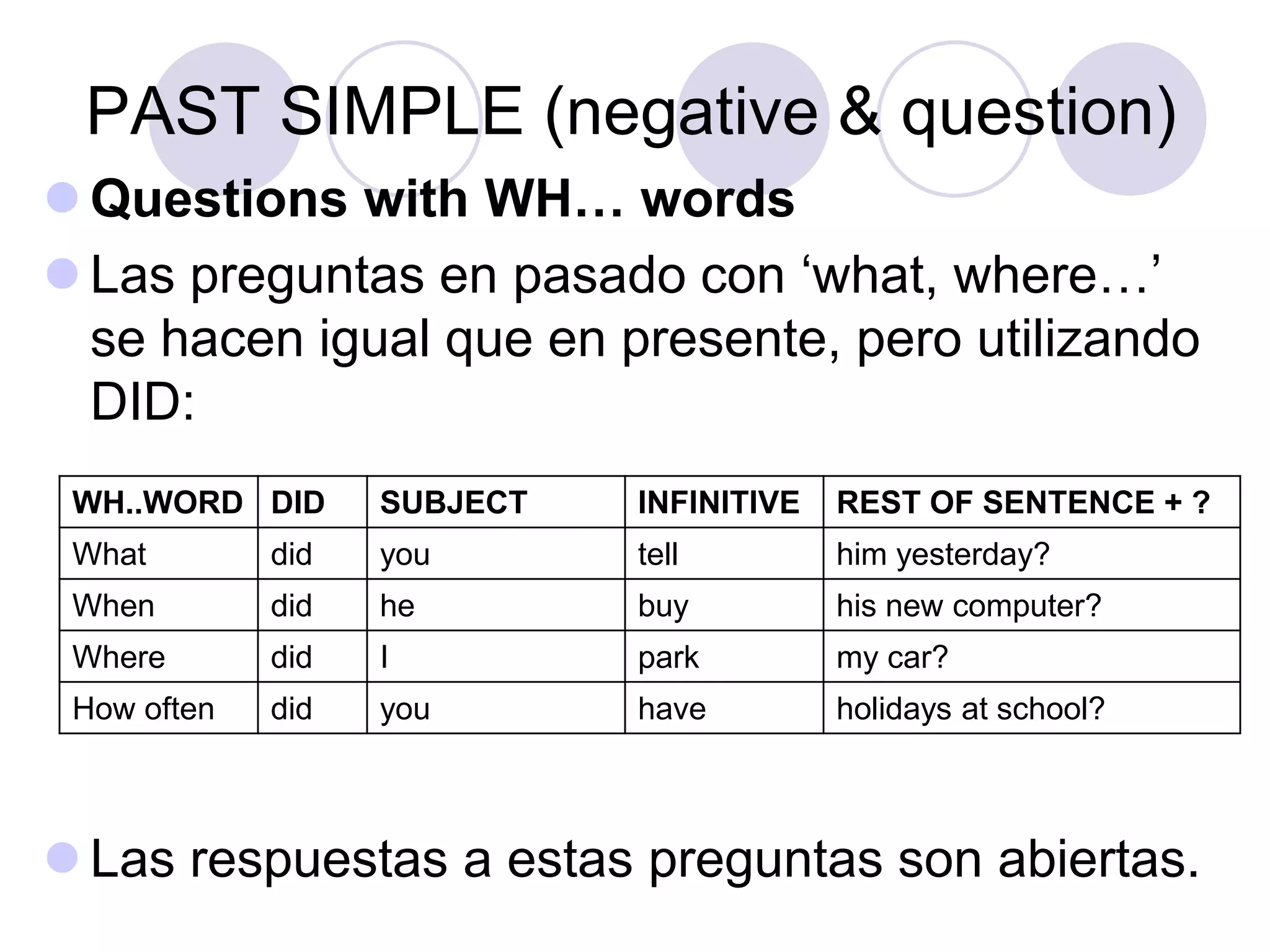 PAST SIMPLE (negative & question)
 Questions with WH… words
 Las preguntas en pasado con ‘what, where…’
se hacen igual que en presente, pero utilizando
DID:
 Las respuestas a estas preguntas son abiertas.
WH..WORD DID SUBJECT INFINITIVE REST OF SENTENCE + ?
What did you tell him yesterday?
When did he buy his new computer?
Where did I park my car?
How often did you have holidays at school?
 