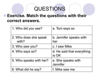 QUESTIONS
 Exercise. Match the questions with their
correct answers.
1. Who did you see?

a. Toni says so

2. Who does she speak
with?
3. Who saw you?
4. Who says so?

b. Jennifer speaks with
her
c. I saw Mike
d. He said that everything
is OK
e. She speaks with
Jennifer
f. Mike saw me

5. Who speaks with her?

6. What did he say?

 
