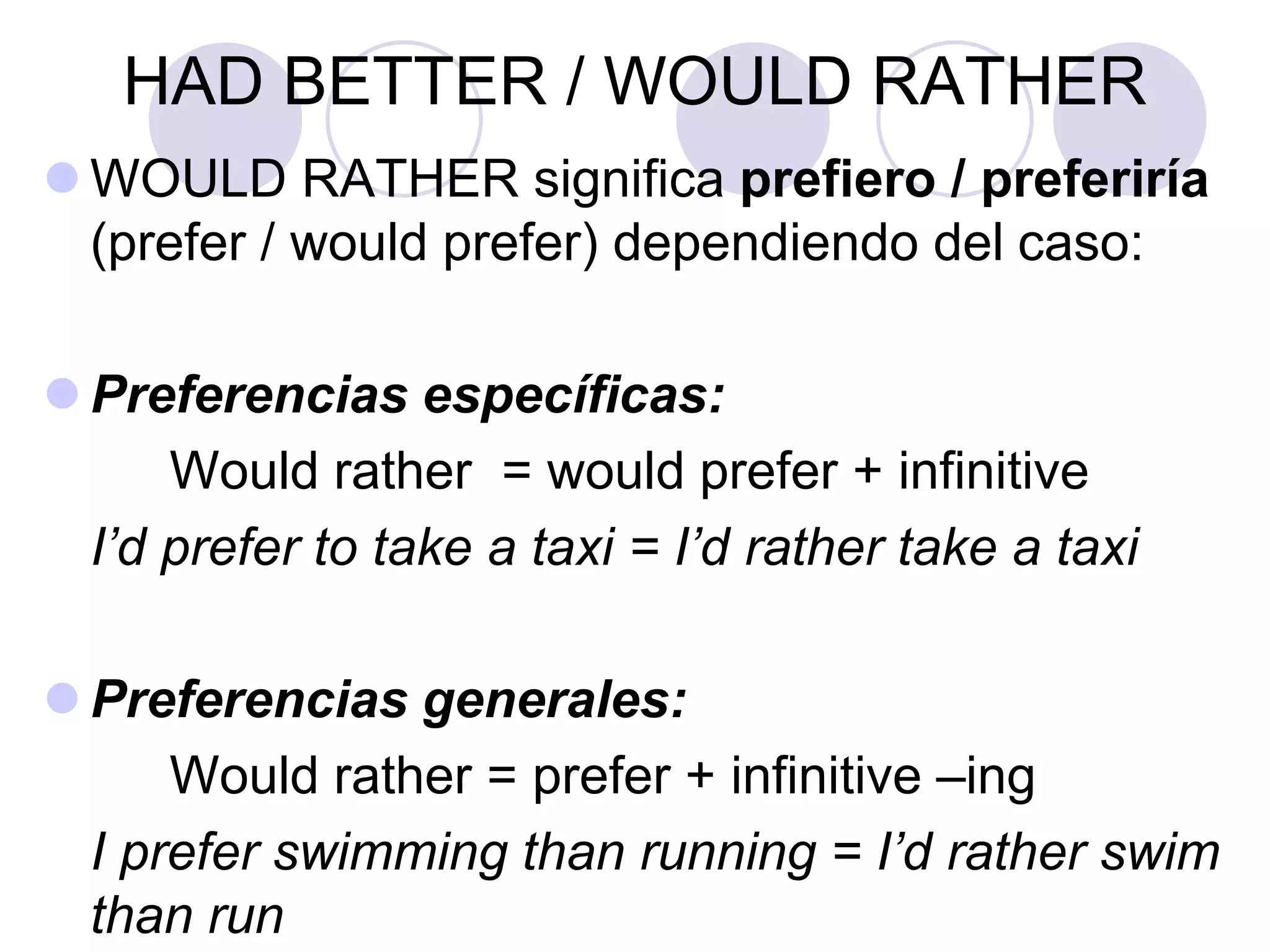 HAD BETTER / WOULD RATHER
 WOULD RATHER significa prefiero / preferiría
(prefer / would prefer) dependiendo del caso:
 Preferencias específicas:
Would rather = would prefer to + infinitive
I’d prefer to take a taxi = I’d rather take a taxi
 Preferencias generales:
Would rather = prefer + infinitive –ing
I prefer swimming than running = I’d rather swim
than run
 