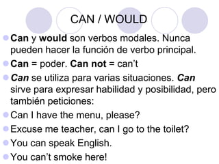 CAN / WOULD
Can y would son verbos modales. Nunca
 pueden hacer la función de verbo principal.
Can = poder. Can not = can’t
Can se utiliza para varias situaciones. Can
 sirve para expresar habilidad y posibilidad, pero
 también peticiones:
Can I have the menu, please?
Excuse me teacher, can I go to the toilet?
You can speak English.
You can’t smoke here!
 