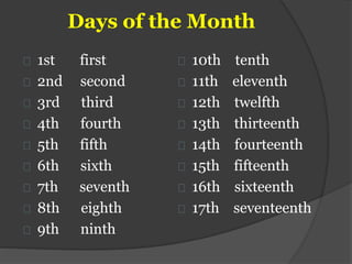 Days of the Month
1st first
2nd second
3rd third
4th fourth
5th fifth
6th sixth
7th seventh
8th eighth
9th ninth
10th tenth
11th eleventh
12th twelfth
13th thirteenth
14th fourteenth
15th fifteenth
16th sixteenth
17th seventeenth
 